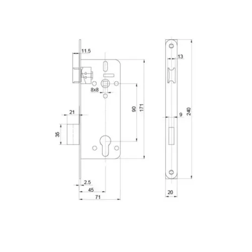 ANBO 45X90 szögletes bevésőzár 7cm 3611 410C Mortice Lock