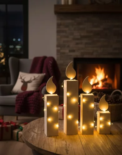 Hazai dekorációs gyertya lánggal borovi fenyő 64X12X12 cm