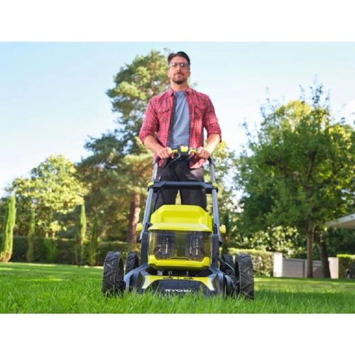RYOBI 2x18V akkus fűnyíró (46 cm, brushless motor, 55L gyűjtő, 2×5.0Ah akku + töltő) – RY18LMX46A-250