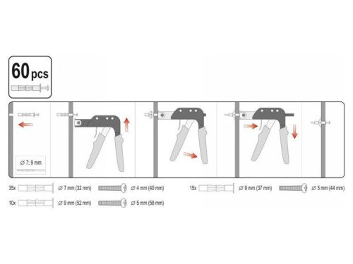 YATO 61 részes Molly fogó szett kofferben gipszkarton dűbel, üreges bővítőcsavarokhoz