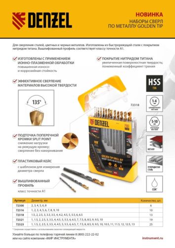 DENZEL 1,5-6,5 mm, fém fúrószár készlet HSS-Tin, Golden Tip, 13 db tároló dobozban