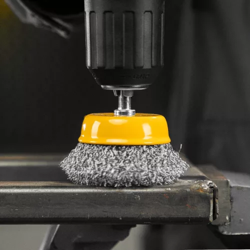 DENZEL 50 mm fazékkorong fúróba, csésze alak, INOX préselt, kreppelt acél huzal