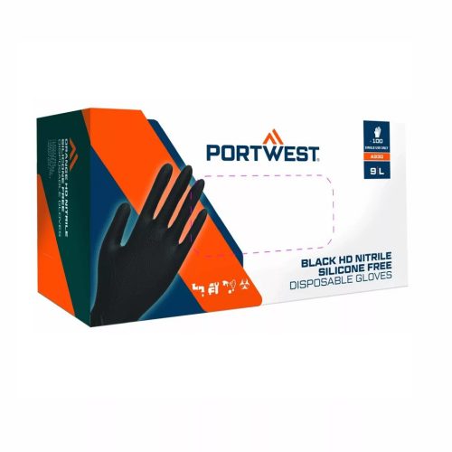 Portwest 100db 10/XL egyszerhasználatos fekete nitril kesztyű, púdermentes, A930 Orange HD