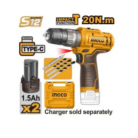   INGCO 12V 20Nm akkus ütvefúró-csavarozó kofferben (2 x 1,5 Ah akkus, töltő kábel nélkül)