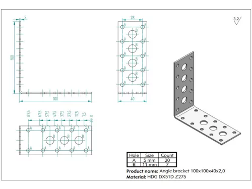 KOELNER 100x100x40mm perforált sarokösszekötő lemez horganyzott, vastagság: 2,0mm