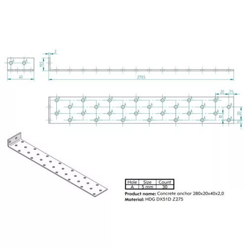 KOELNER 40x280x20mm nem egyenlő szárú sarokösszekötő 2mm vastag KO D LA-432