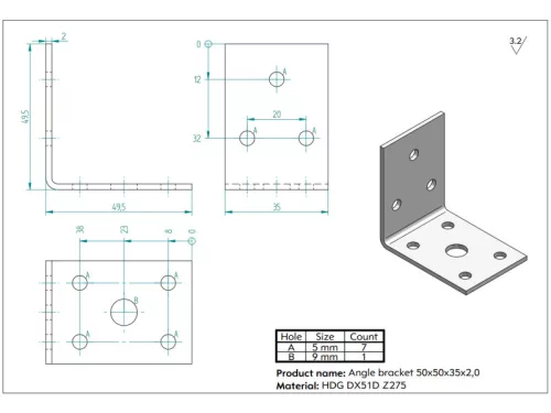 Koelner 50x50x35mm  sarokösszekötő szeglemez, vast.: 2,0mm