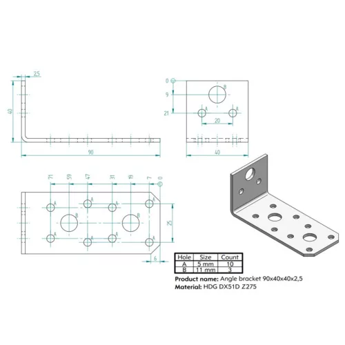 KOELNER 40x90x40mm nem egyenlő szárú sarokösszekötő 2,5mm vastag KO D ZN- 4904/2,5