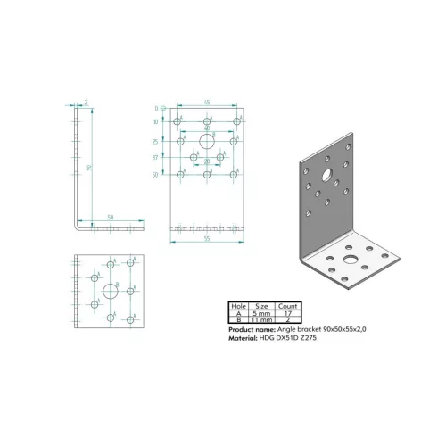 KOELNER 50x90x55mm nem egyenlő szárú sarokösszekötő 2mm vastag KO D ZN- 5905/2