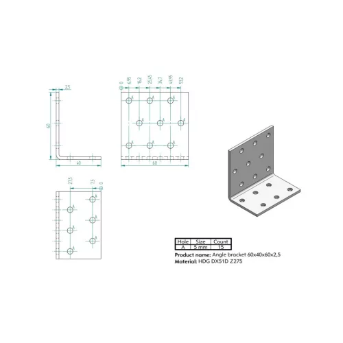 KOELNER 60x35x60mm nem egyenlő szárú sarokösszekötő 2,5mm vastag KO D ZN- 6356/2,5