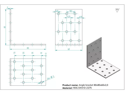 KOELNER 80x80x60mm sarokösszekötő lemez horganyzott, vastagság: 2,0mm