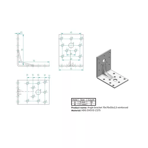 KOELNER 70x70x55mm erősített egyenlőszárú sarokösszekötő 2,5mm vastag KO D ZK- 70 WZ/2,5