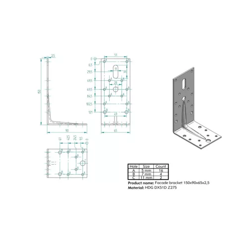 KOELNER 150x90x65mm erősített sarokösszekötő 2,5mm vastag KO D ZK-150x 90 WZ/2,5