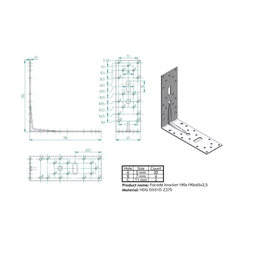 KOELNER 190x190x65mm erősített sarokösszekötő 2,5mm vastag KO D ZK-170x170 WZ/2,5