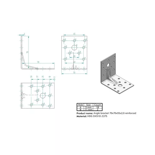 KOELNER 70x70x55mm erősített sarokösszekötő 2mm vastag KO D ZK- 70 WZ/2