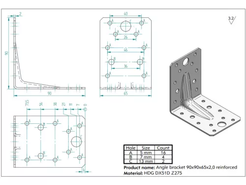 KOELNER 90x90x65mm erősített sarokösszekötő szeglemez, vast.: 2mm, KO D ZK- 90 WZ/2
