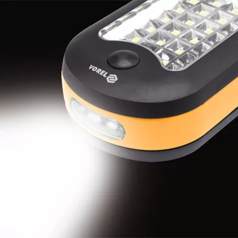 VOREL 20+3 LED elemes lámpa, mágneses, akasztós, 3×AAA, IP20, sárga-fekete