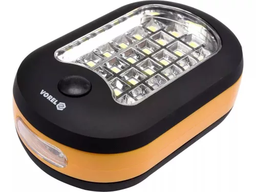 VOREL 20+3 LED elemes lámpa, mágneses, akasztós, 3×AAA, IP20, sárga-fekete