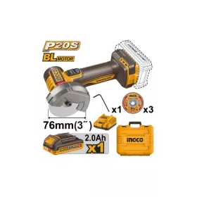   INGCO 20V 76mm akkus mini sarokcsiszoló/ vágószerszám szett szénkefe nélküli (1 x 2,0 Ah akku + töltő)