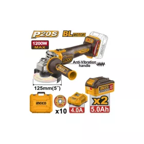   INGCO 20 V 125mm akkus sarokcsiszoló szett brushless (2X 5.0 Ah akku+ töltő)