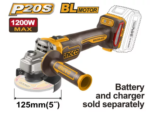 INGCO 20 V 125 mm akkus sarokcsiszoló, szénkefe nélküli (akku és töltő nélkül)