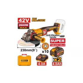   INGCO 42V 230mm akkus sarokcsiszoló szett szénkefe nélküli 42 V (2 x 4,0 Ah lapos cellás akku + töltő)