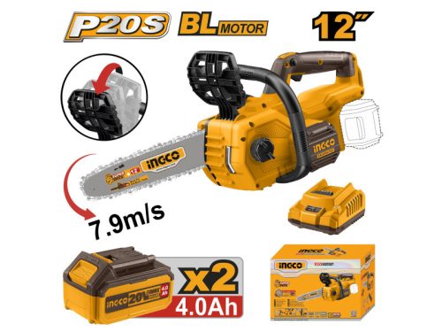 INGCO 30cm 40V akkus láncfűrész szett brushless motor (2X4.0 Ah akku+ töltő)