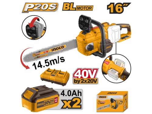 INGCO 40V 40cm akkus láncfűrész szett brushless motor (2x20V 4.0Ah)