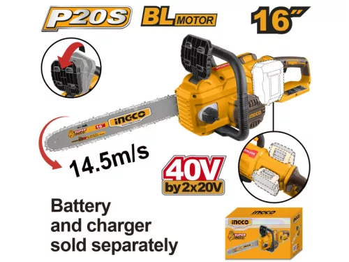 INGCO 40cm 40V akkus láncfűrész szett brushless motor 2X20V (SOLO, akku és töltő nélkül)