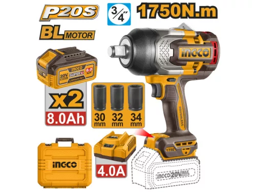 INGCO 20 V akkus ütvecsavarozó 3/4" 1750 Nm szénkefe nélküli (2 x 8,0 Ah akku + töltő) CIWLI20175E