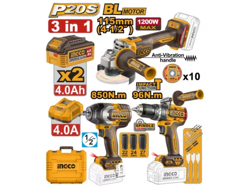 INGCO 20V akkus erőcsomag ütvefúró-csavarozó 66 Nm+Sarokcsiszoló 115 mm+Ütvecsavarozó 850 Nm COSLI251292E