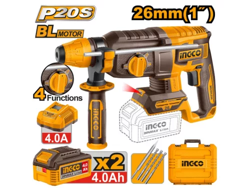 INGCO 2,5 J  20 V akkus kombikalapács SDS-Plus szénkefe nélküli (2x4,0Ah akku + töltő) CRHLI262085E