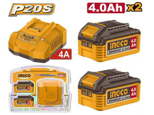 INGCO Akkumulátor és töltő szett 20 V (2 x 4,0 Ah akku + 4,0 A töltő)