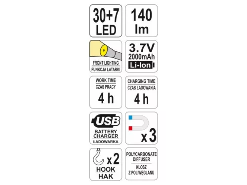 YATO akkus LED szerelőlámpa 30+7 LED 140 lm, IP20, mágneses, akasztós, Li-ion