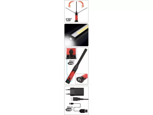 YATO 5W+3W Akkumulátoros szerelő LED lámpa – 330 lm + 80 lm, mágneses rögzítés, USB töltés