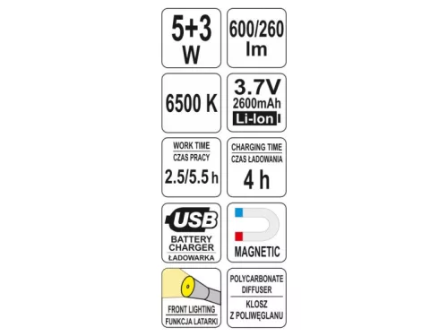 YATO 5W+3W Akkumulátoros szerelő LED lámpa – 330 lm + 80 lm, mágneses rögzítés, USB töltés