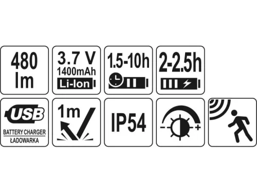 YATO Akkus LED fejlámpa 480 lm mozgásérzékelős