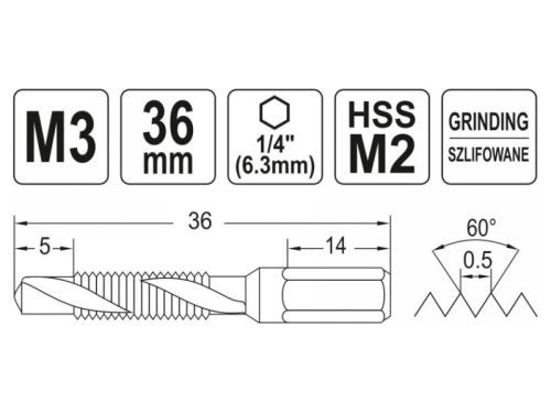 YATO M3 HSS kombinált gépi fúró-menetfúró, bit befogású