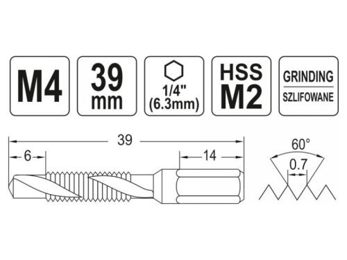 YATO M4 HSS kombinált gépi fúró-menetfúró, bit befogású