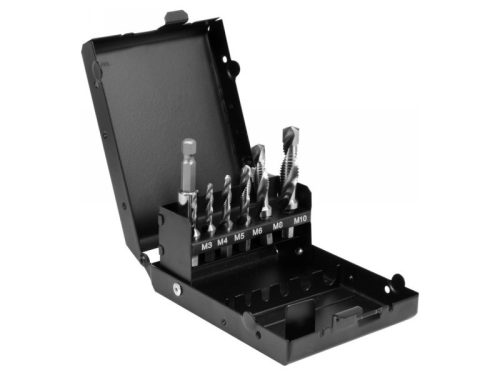 YATO 7részes HSS kombinált gépi fúró-menetfúró készlet, bit befogású, (M3-M4-M5-M6-M8-M10) fémkazettában