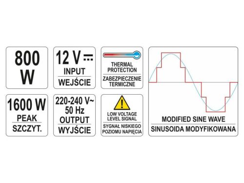 YATO Feszültségadapter inverter 12V->230V 800W
