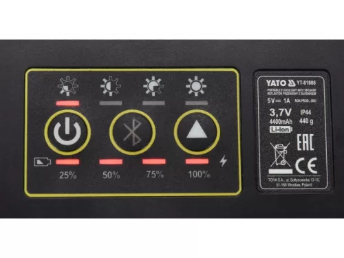 YATO 2000 lm Akkumulátoros LED reflektor hangszóróval – Bluetooth kapcsolat, nagy fényerő, kültéri használatra