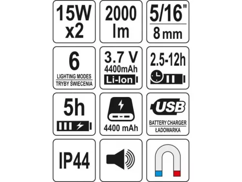 YATO 2000 lm Akkumulátoros LED reflektor hangszóróval – Bluetooth kapcsolat, nagy fényerő, kültéri használatra