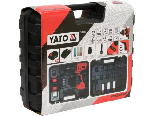 YATO 21 részes 18 V Li-Ion 1/2" 700 Nm akkus ütvecsavarozó készlet (2 x 3,0 Ah akku és töltő) YT-82807