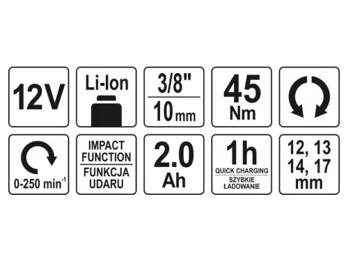 YATO 12 V Li-Ion 3/8" 45 Nm akkus sarok ütvecsavarozó (1 x 2,0 Ah akku + töltő) YT-82902