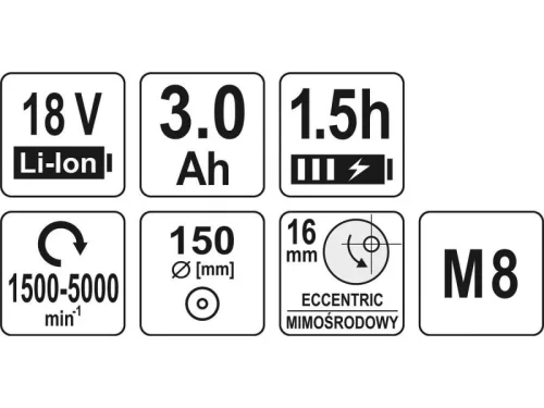 YATO 18 V Li-Ion akkus excenter polírozó 150 mm szénkefe nélküli (1 x 3,0 Ah akku + töltő) YT-82920