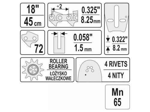 YATO 45cm 18" 0,325" 1,5mm 72 fogas láncfűrész láncvezető orrkerékkel YT-84936