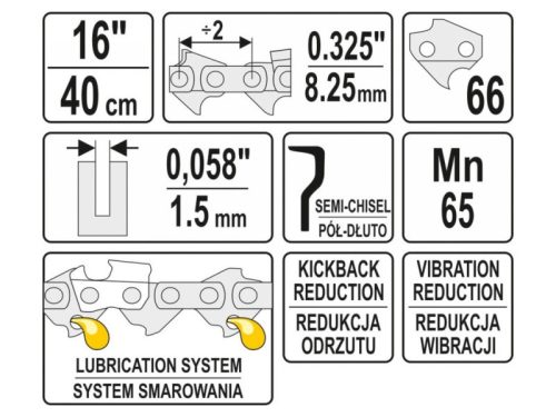YATO 0,325/16, 40cm 66 szemes láncfűrész lánc 1,5mm horonyhoz